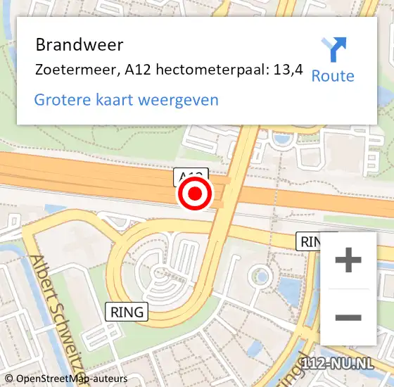 Locatie op kaart van de 112 melding: Brandweer Zoetermeer, A12 hectometerpaal: 13,4 op 25 april 2024 07:02