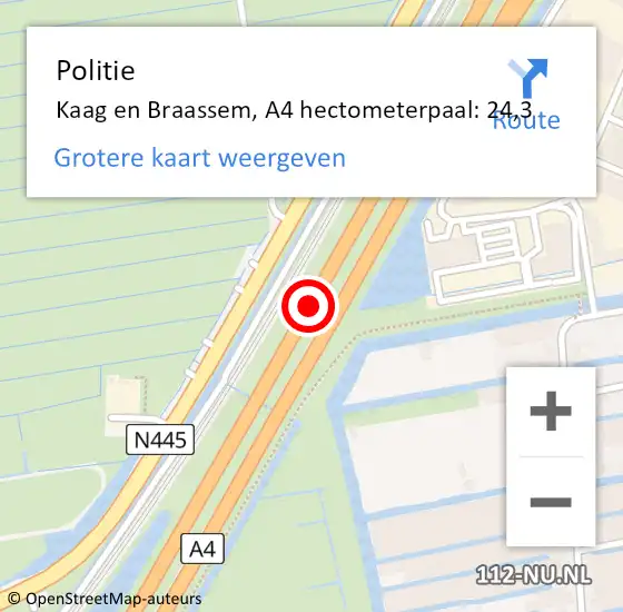 Locatie op kaart van de 112 melding: Politie Kaag en Braassem, A4 hectometerpaal: 24,3 op 25 april 2024 09:44