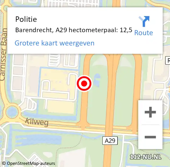 Locatie op kaart van de 112 melding: Politie Barendrecht, A29 hectometerpaal: 12,5 op 25 april 2024 10:11