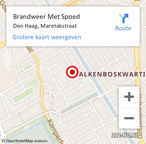 Locatie op kaart van de 112 melding: Brandweer Met Spoed Naar Den Haag, Maretakstraat op 25 april 2024 10:18