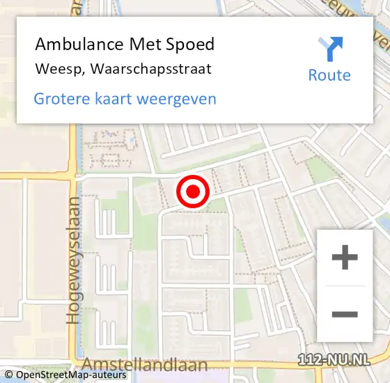 Locatie op kaart van de 112 melding: Ambulance Met Spoed Naar Weesp, Waarschapsstraat op 25 april 2024 13:02