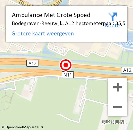 Locatie op kaart van de 112 melding: Ambulance Met Grote Spoed Naar Bodegraven-Reeuwijk, A12 hectometerpaal: 35,5 op 25 april 2024 17:25