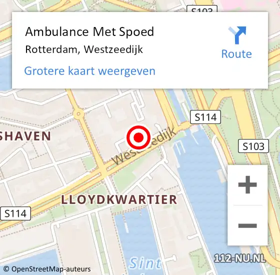 Locatie op kaart van de 112 melding: Ambulance Met Spoed Naar Rotterdam, Westzeedijk op 25 april 2024 21:35