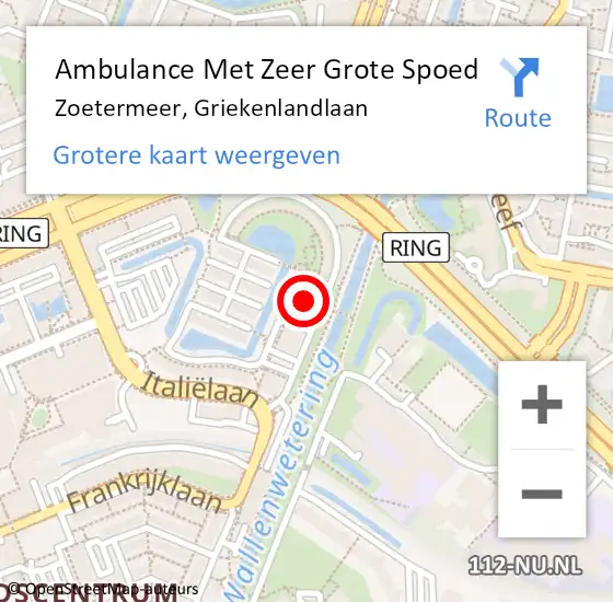 Locatie op kaart van de 112 melding: Ambulance Met Zeer Grote Spoed Naar Zoetermeer, Griekenlandlaan op 25 april 2024 21:56