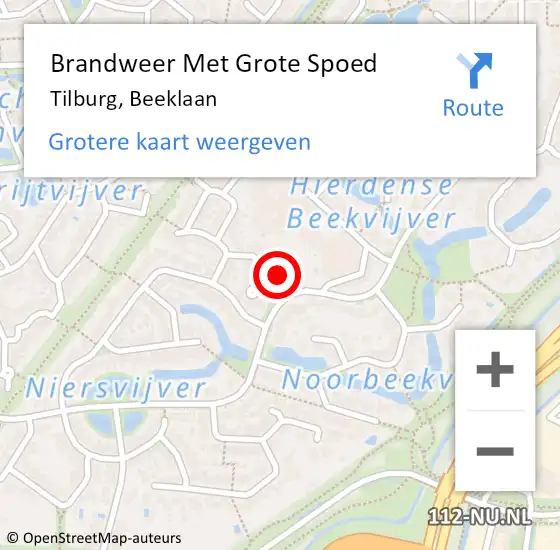 Locatie op kaart van de 112 melding: Brandweer Met Grote Spoed Naar Tilburg, Beeklaan op 26 april 2024 06:40