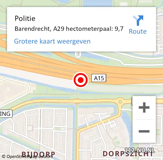 Locatie op kaart van de 112 melding: Politie Barendrecht, A29 hectometerpaal: 9,7 op 26 april 2024 08:18