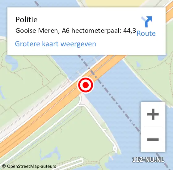 Locatie op kaart van de 112 melding: Politie Gooise Meren, A6 hectometerpaal: 44,3 op 26 april 2024 08:55