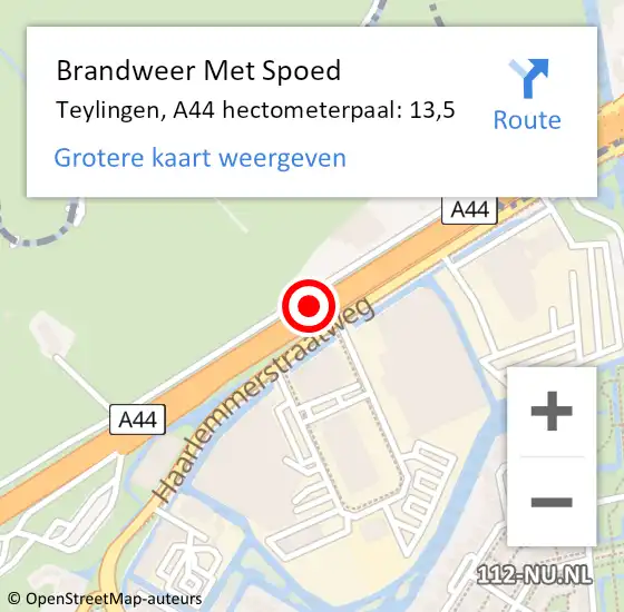 Locatie op kaart van de 112 melding: Brandweer Met Spoed Naar Teylingen, A44 hectometerpaal: 13,5 op 26 april 2024 10:42