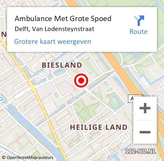 Locatie op kaart van de 112 melding: Ambulance Met Grote Spoed Naar Delft, Van Lodensteynstraat op 26 april 2024 11:10