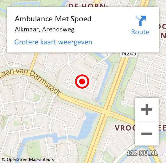 Locatie op kaart van de 112 melding: Ambulance Met Spoed Naar Alkmaar, Arendsweg op 26 april 2024 11:10