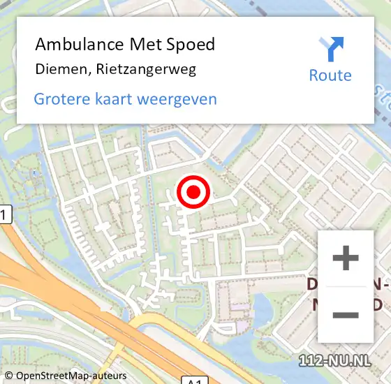 Locatie op kaart van de 112 melding: Ambulance Met Spoed Naar Diemen, Rietzangerweg op 26 april 2024 11:25