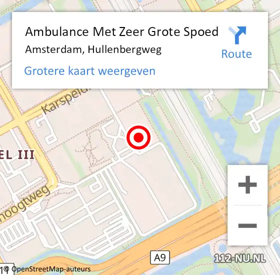 Locatie op kaart van de 112 melding: Ambulance Met Zeer Grote Spoed Naar Amsterdam, Hullenbergweg op 26 april 2024 11:40