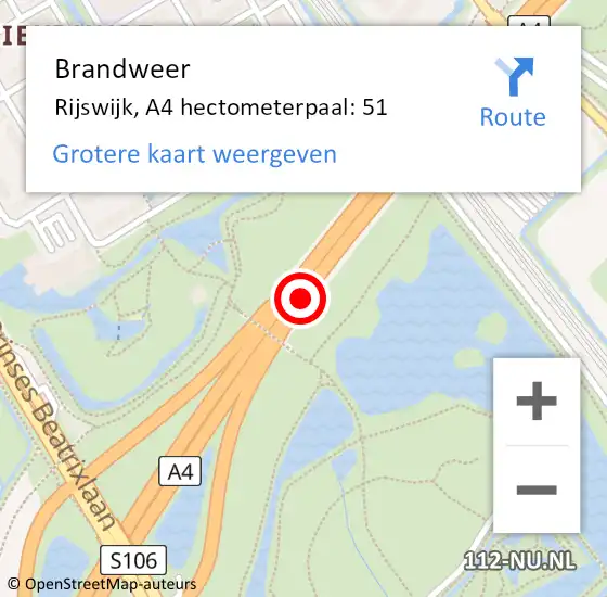 Locatie op kaart van de 112 melding: Brandweer Rijswijk, A4 hectometerpaal: 51 op 26 april 2024 12:21
