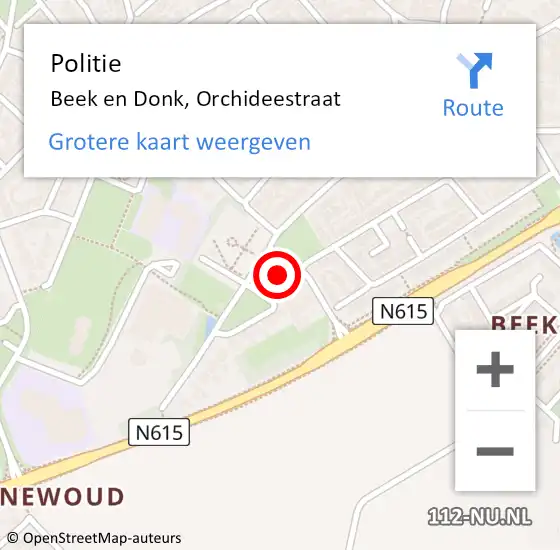 Locatie op kaart van de 112 melding: Politie Beek en Donk, Orchideestraat op 26 april 2024 16:32