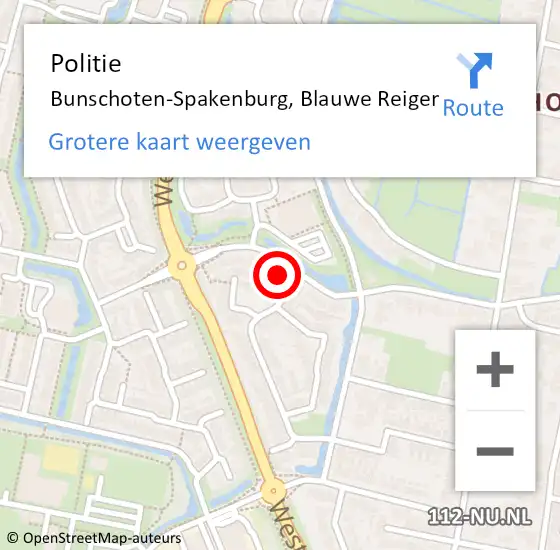 Locatie op kaart van de 112 melding: Politie Bunschoten-Spakenburg, Blauwe Reiger op 26 april 2024 19:25