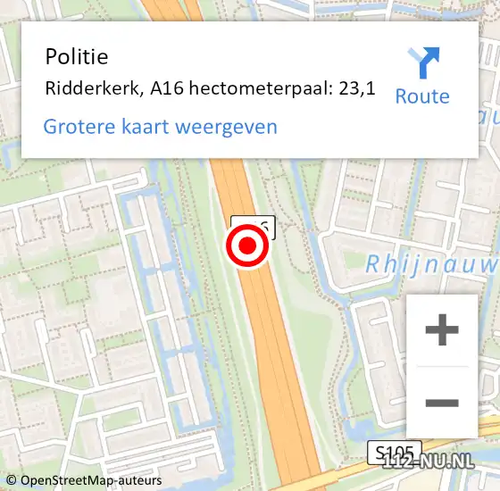 Locatie op kaart van de 112 melding: Politie Ridderkerk, A16 hectometerpaal: 23,1 op 26 april 2024 19:42