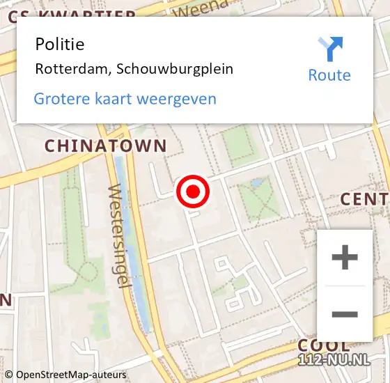 Locatie op kaart van de 112 melding: Politie Rotterdam, Schouwburgplein op 26 april 2024 21:42