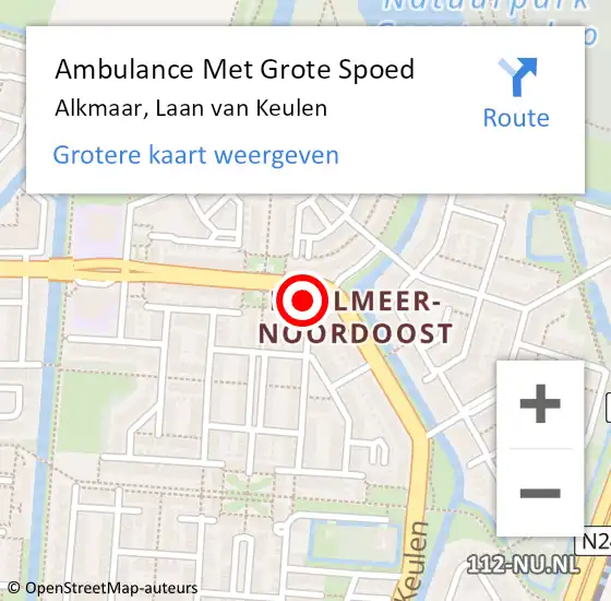 Locatie op kaart van de 112 melding: Ambulance Met Grote Spoed Naar Alkmaar, Laan van Keulen op 26 april 2024 21:56