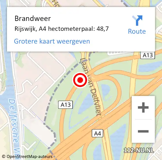 Locatie op kaart van de 112 melding: Brandweer Rijswijk, A4 hectometerpaal: 48,7 op 27 april 2024 00:41