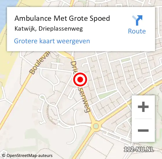 Locatie op kaart van de 112 melding: Ambulance Met Grote Spoed Naar Katwijk, Drieplassenweg op 27 april 2024 12:17