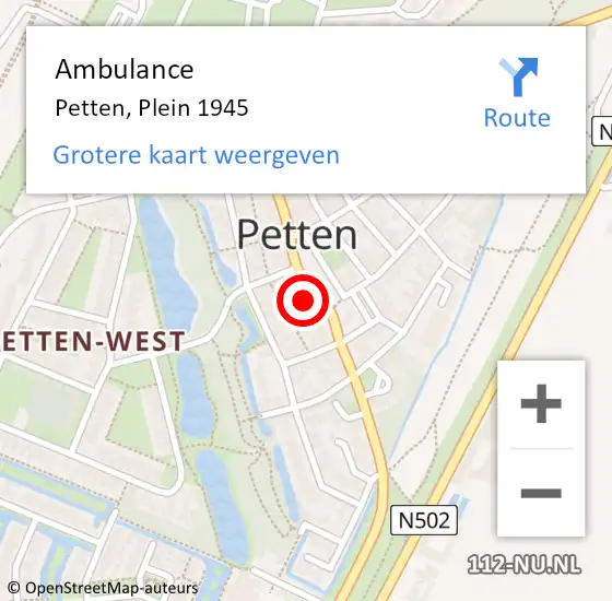 Locatie op kaart van de 112 melding: Ambulance Petten, Plein 1945 op 27 april 2024 13:57