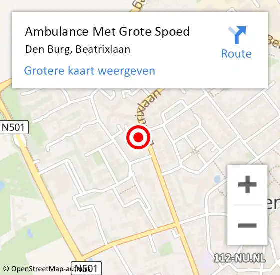 Locatie op kaart van de 112 melding: Ambulance Met Grote Spoed Naar Den Burg, Beatrixlaan op 27 april 2024 18:10