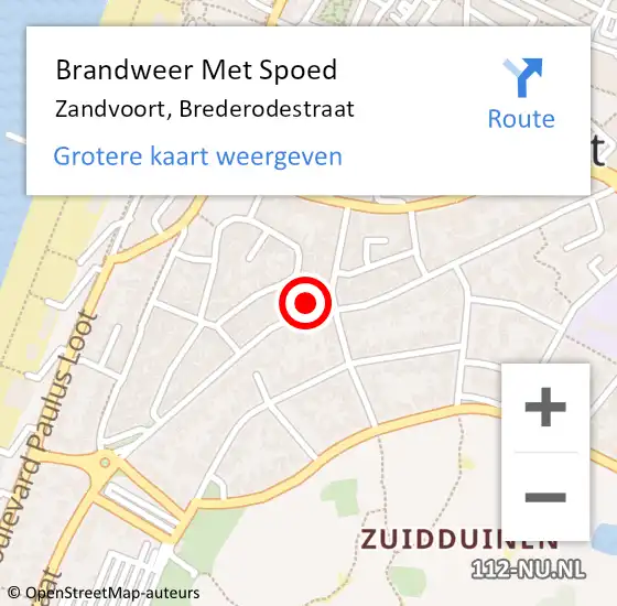 Locatie op kaart van de 112 melding: Brandweer Met Spoed Naar Zandvoort, Brederodestraat op 27 april 2024 18:14