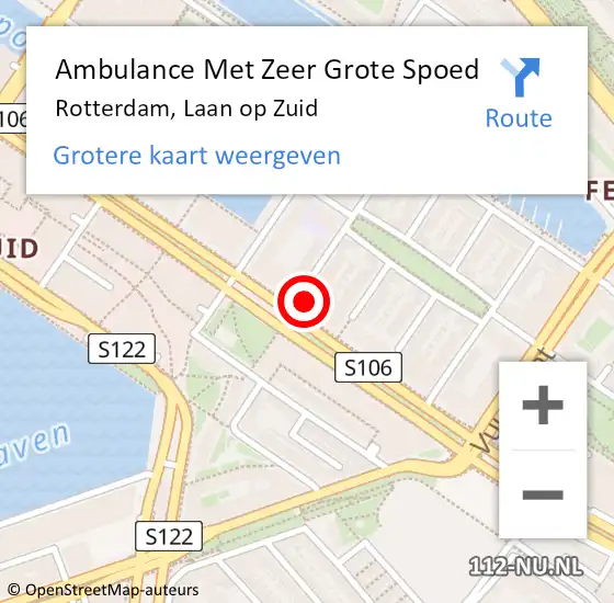 Locatie op kaart van de 112 melding: Ambulance Met Zeer Grote Spoed Naar Rotterdam, Laan op Zuid op 27 april 2024 18:55