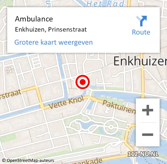 Locatie op kaart van de 112 melding: Ambulance Enkhuizen, Prinsenstraat op 27 april 2024 19:51