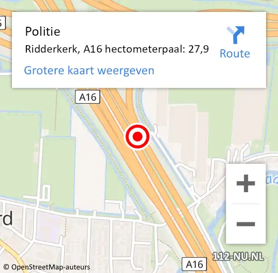 Locatie op kaart van de 112 melding: Politie Ridderkerk, A16 hectometerpaal: 27,9 op 27 april 2024 19:55