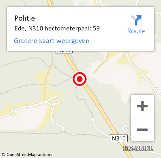 Locatie op kaart van de 112 melding: Politie Ede, N310 hectometerpaal: 59 op 27 april 2024 20:40