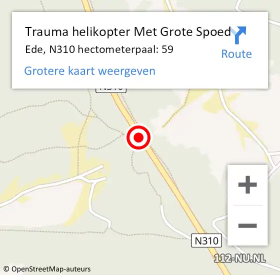 Locatie op kaart van de 112 melding: Trauma helikopter Met Grote Spoed Naar Ede, N310 hectometerpaal: 59 op 27 april 2024 20:41