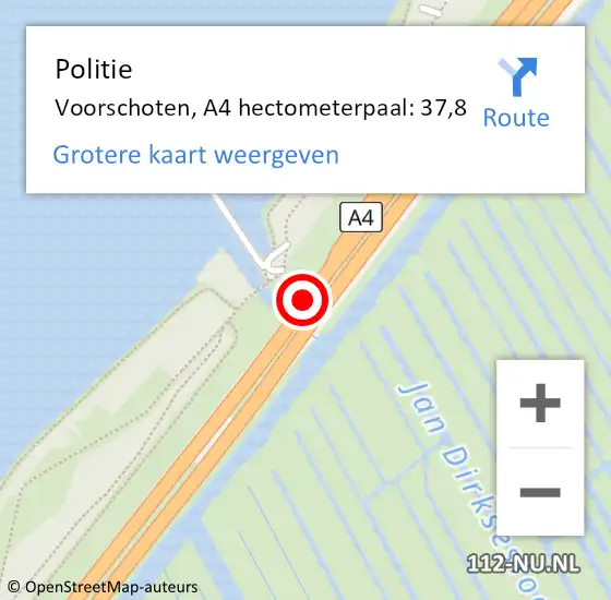 Locatie op kaart van de 112 melding: Politie Voorschoten, A4 hectometerpaal: 37,8 op 27 april 2024 23:46