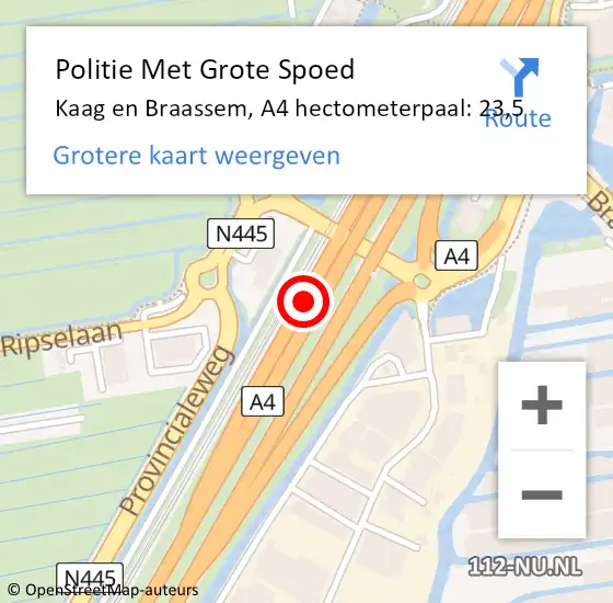 Locatie op kaart van de 112 melding: Politie Met Grote Spoed Naar Kaag en Braassem, A4 hectometerpaal: 23,5 op 28 april 2024 00:42