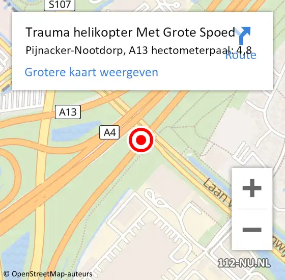 Locatie op kaart van de 112 melding: Trauma helikopter Met Grote Spoed Naar Pijnacker-Nootdorp, A13 hectometerpaal: 4,8 op 28 april 2024 01:36