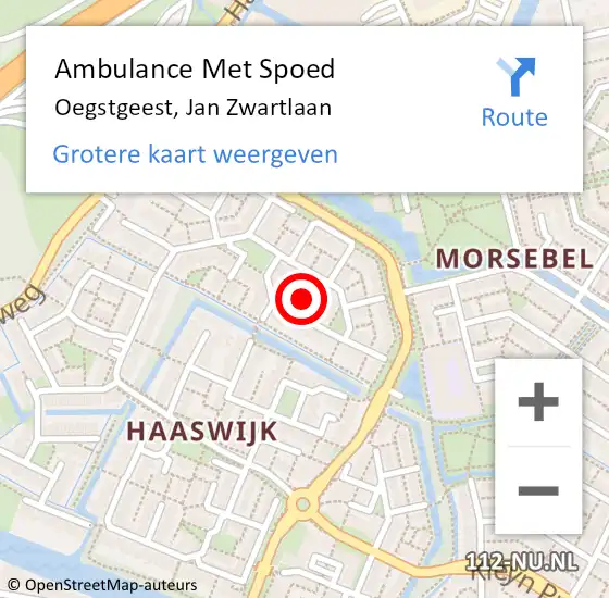 Locatie op kaart van de 112 melding: Ambulance Met Spoed Naar Oegstgeest, Jan Zwartlaan op 28 april 2024 06:28