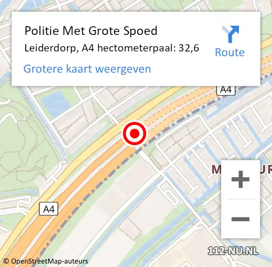 Locatie op kaart van de 112 melding: Politie Met Grote Spoed Naar Leiderdorp, A4 hectometerpaal: 32,6 op 28 april 2024 11:05