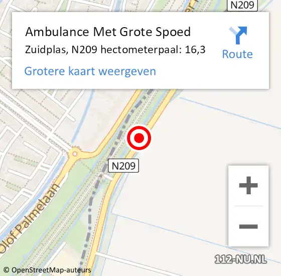 Locatie op kaart van de 112 melding: Ambulance Met Grote Spoed Naar Zuidplas, N209 hectometerpaal: 16,3 op 28 april 2024 13:30