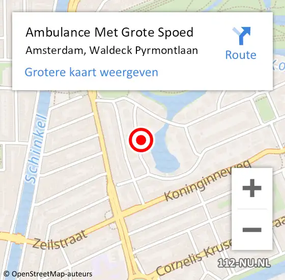 Locatie op kaart van de 112 melding: Ambulance Met Grote Spoed Naar Amsterdam, Waldeck Pyrmontlaan op 28 april 2024 13:47