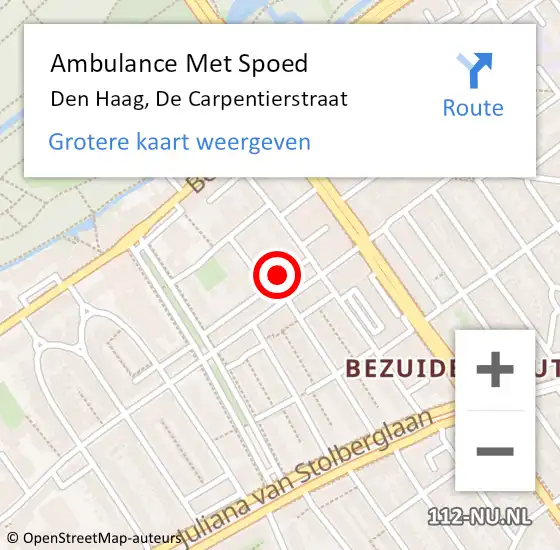 Locatie op kaart van de 112 melding: Ambulance Met Spoed Naar Den Haag, De Carpentierstraat op 28 april 2024 15:07