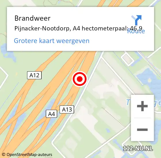 Locatie op kaart van de 112 melding: Brandweer Pijnacker-Nootdorp, A4 hectometerpaal: 46,9 op 28 april 2024 19:26