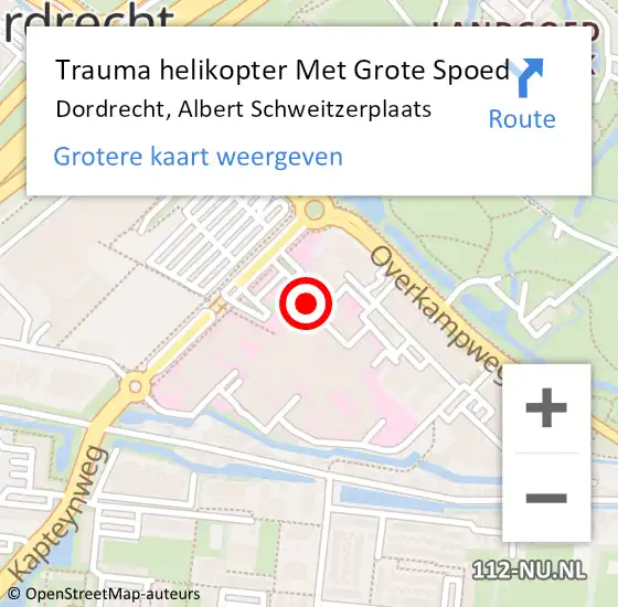 Locatie op kaart van de 112 melding: Trauma helikopter Met Grote Spoed Naar Dordrecht, Albert Schweitzerplaats op 28 april 2024 22:35