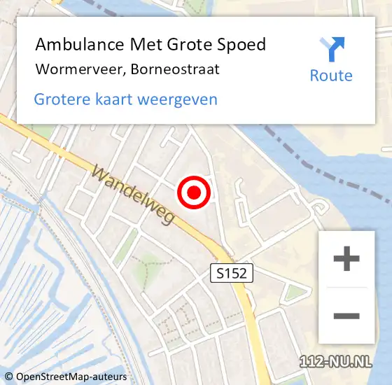 Locatie op kaart van de 112 melding: Ambulance Met Grote Spoed Naar Wormerveer, Borneostraat op 28 april 2024 22:54