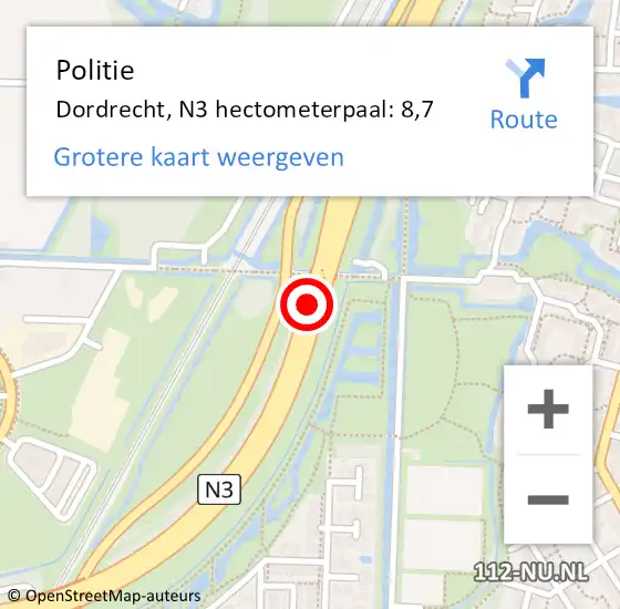Locatie op kaart van de 112 melding: Politie Dordrecht, N3 hectometerpaal: 8,7 op 28 april 2024 23:01