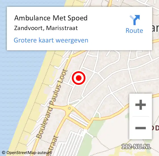 Locatie op kaart van de 112 melding: Ambulance Met Spoed Naar Zandvoort, Marisstraat op 29 april 2024 02:46