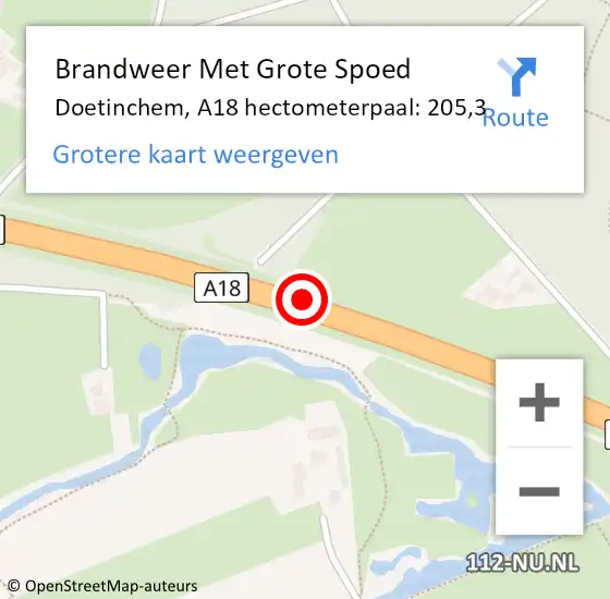 Locatie op kaart van de 112 melding: Brandweer Met Grote Spoed Naar Doetinchem, A18 hectometerpaal: 205,3 op 29 april 2024 06:29