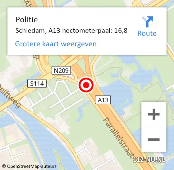 Locatie op kaart van de 112 melding: Politie Schiedam, A13 hectometerpaal: 16,8 op 29 april 2024 06:38