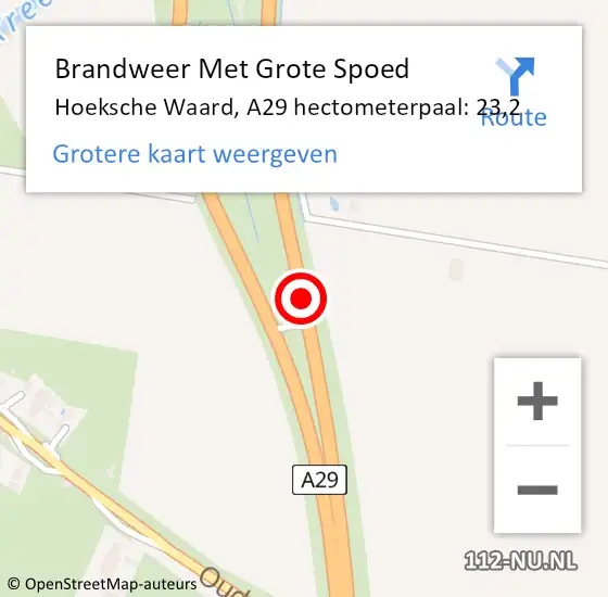 Locatie op kaart van de 112 melding: Brandweer Met Grote Spoed Naar Hoeksche Waard, A29 hectometerpaal: 23,2 op 29 april 2024 08:53