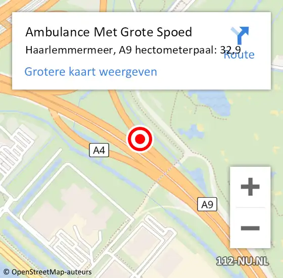 Locatie op kaart van de 112 melding: Ambulance Met Grote Spoed Naar Haarlemmermeer, A9 hectometerpaal: 32,9 op 29 april 2024 09:14