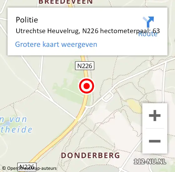 Locatie op kaart van de 112 melding: Politie Utrechtse Heuvelrug, N226 hectometerpaal: 63 op 29 april 2024 12:02